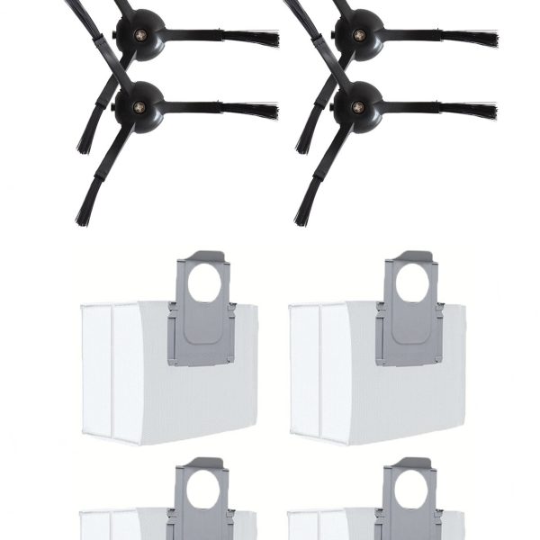 Roborock S8 Sonic Uyumlu 4 Adet Siyah Yan Fırça 4 Adet Toz Torbası